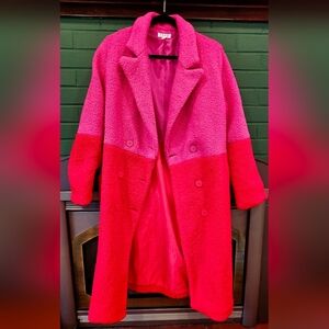 Two-Tone Hot Pink & Red Teddy Coat - Women’s Statement Coat
